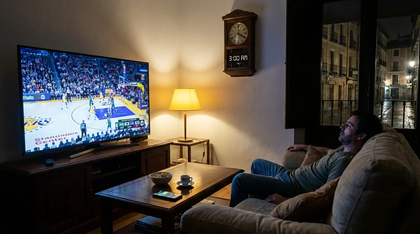 Salón español de noche con una persona viendo un partido NBA en televisión a las 3 de la madrugada con smartphone mostrando app de apuestas