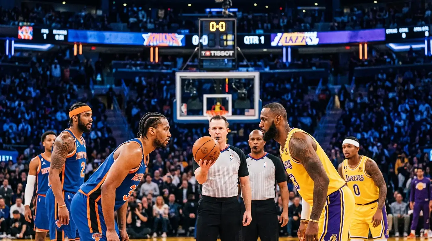 Dos equipos de baloncesto profesional enfrentándose en el centro de la cancha antes del salto inicial con el árbitro preparado
