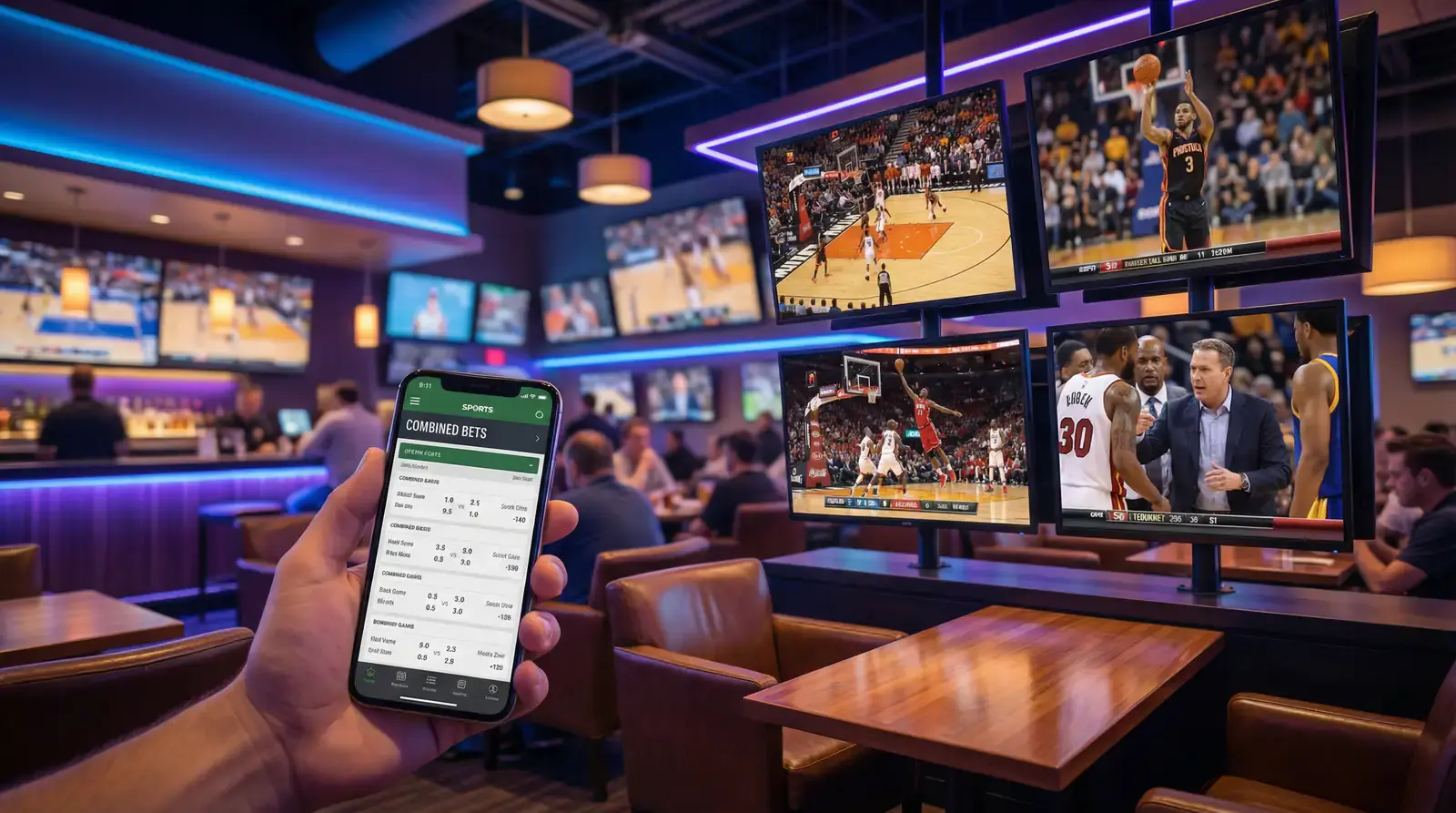 Múltiples pantallas de televisión en un sports bar moderno mostrando diferentes partidos de baloncesto en directo simultáneamente