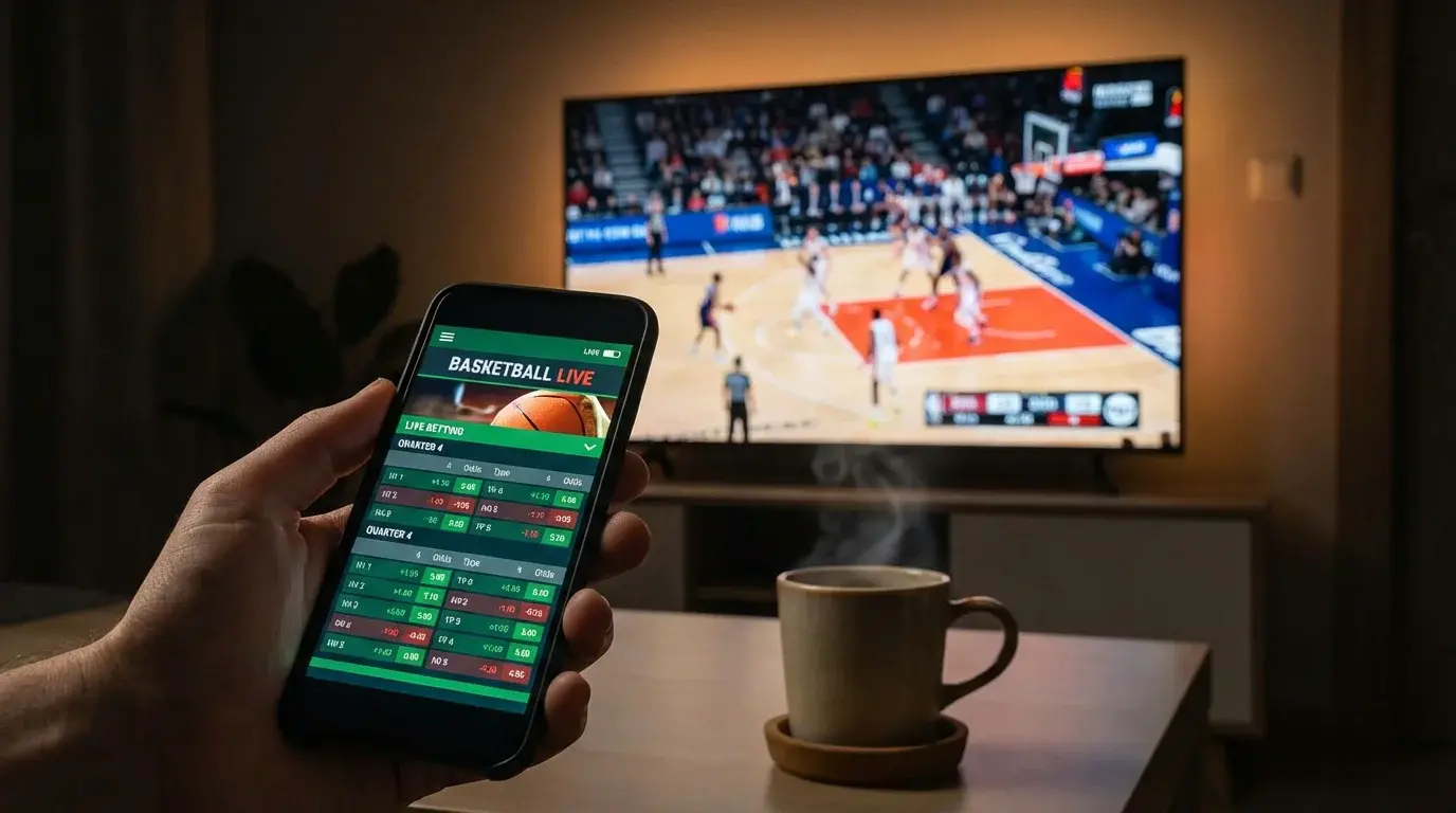 Smartphone mostrando interfaz de apuestas en vivo en primer plano con partido de baloncesto en televisión de fondo durante sesión nocturna