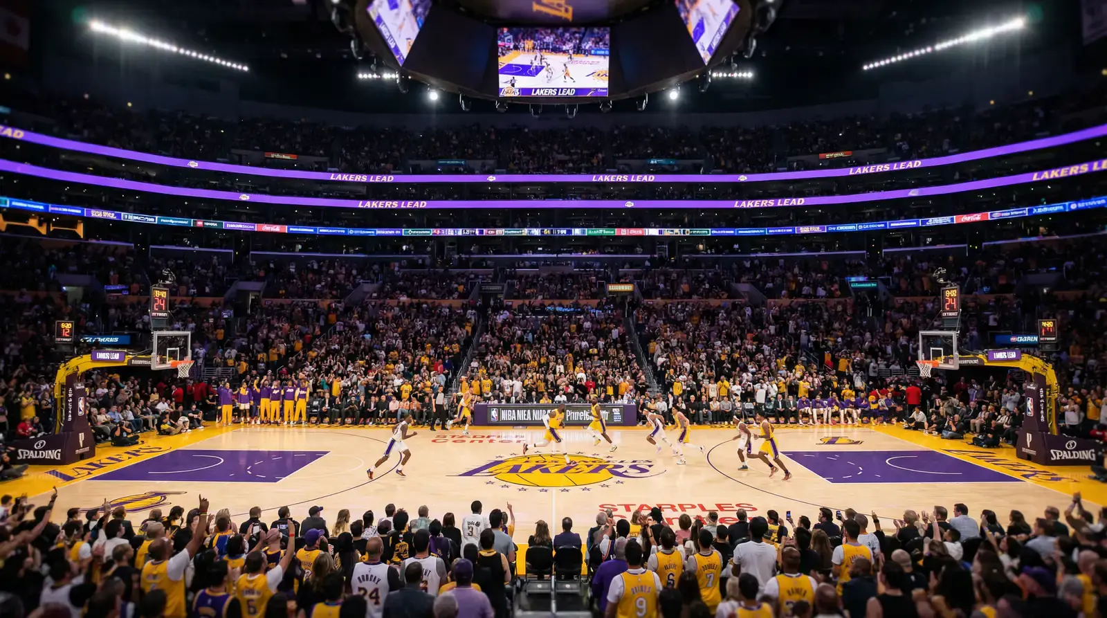 Vista panorámica de una arena NBA durante un partido de máxima audiencia con aficionados llenando las gradas y jugadores en acción