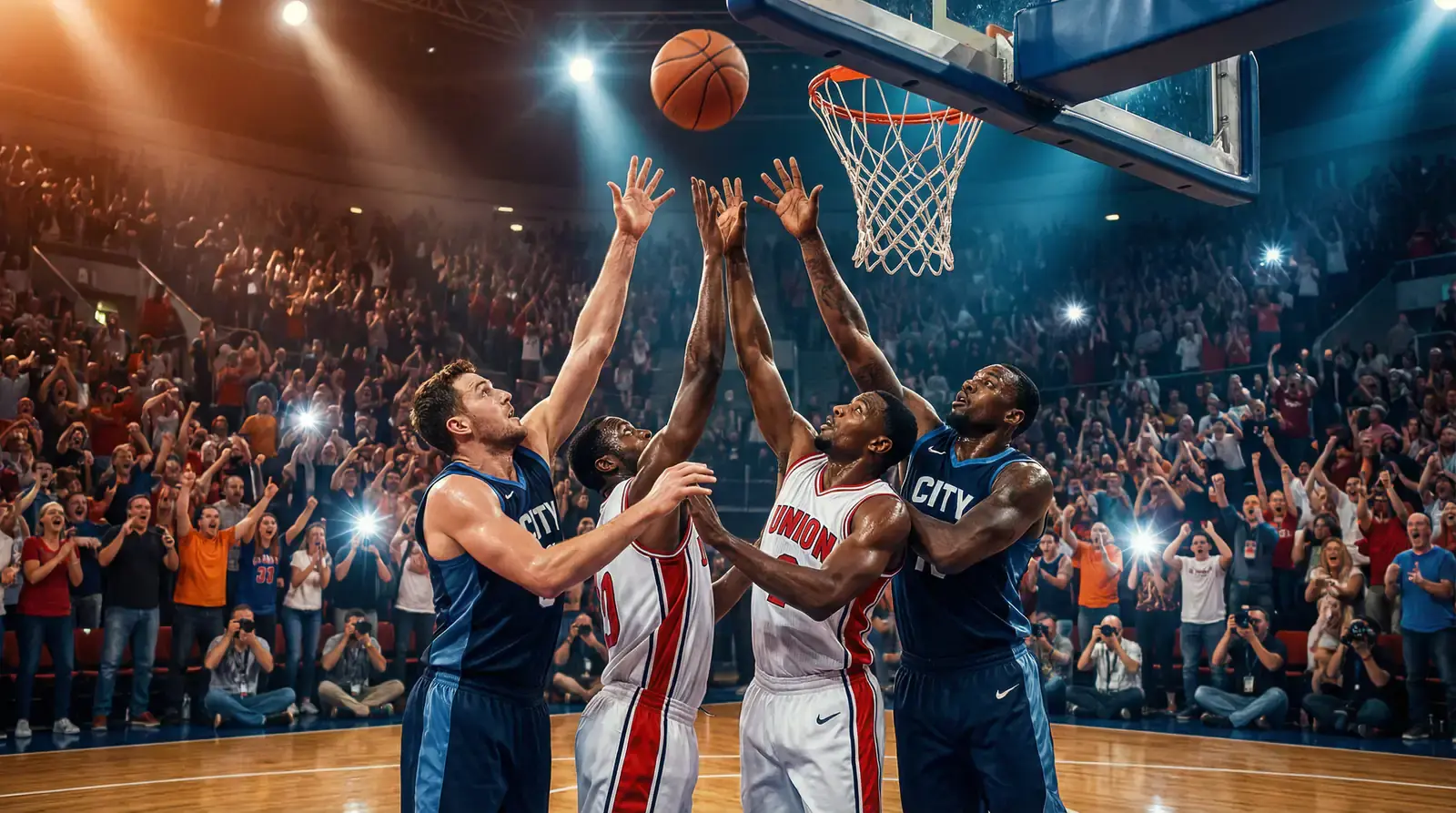 Momento intenso de baloncesto con múltiples jugadores saltando por un rebote bajo el aro en un partido de alta anotación