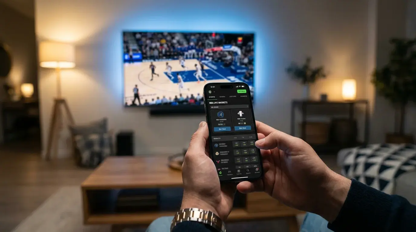Manos sosteniendo un smartphone con aplicación de apuestas de baloncesto mientras se ve un partido NBA en televisión de fondo