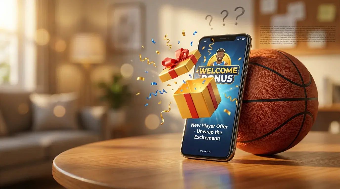 Smartphone mostrando icono de regalo representando bonos de bienvenida de apuestas deportivas con baloncesto de fondo
