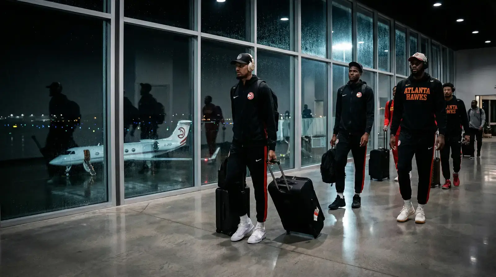 Jugadores de baloncesto NBA caminando por una terminal de aeropuerto de noche con equipaje tras un partido mostrando el agotador calendario de viajes
