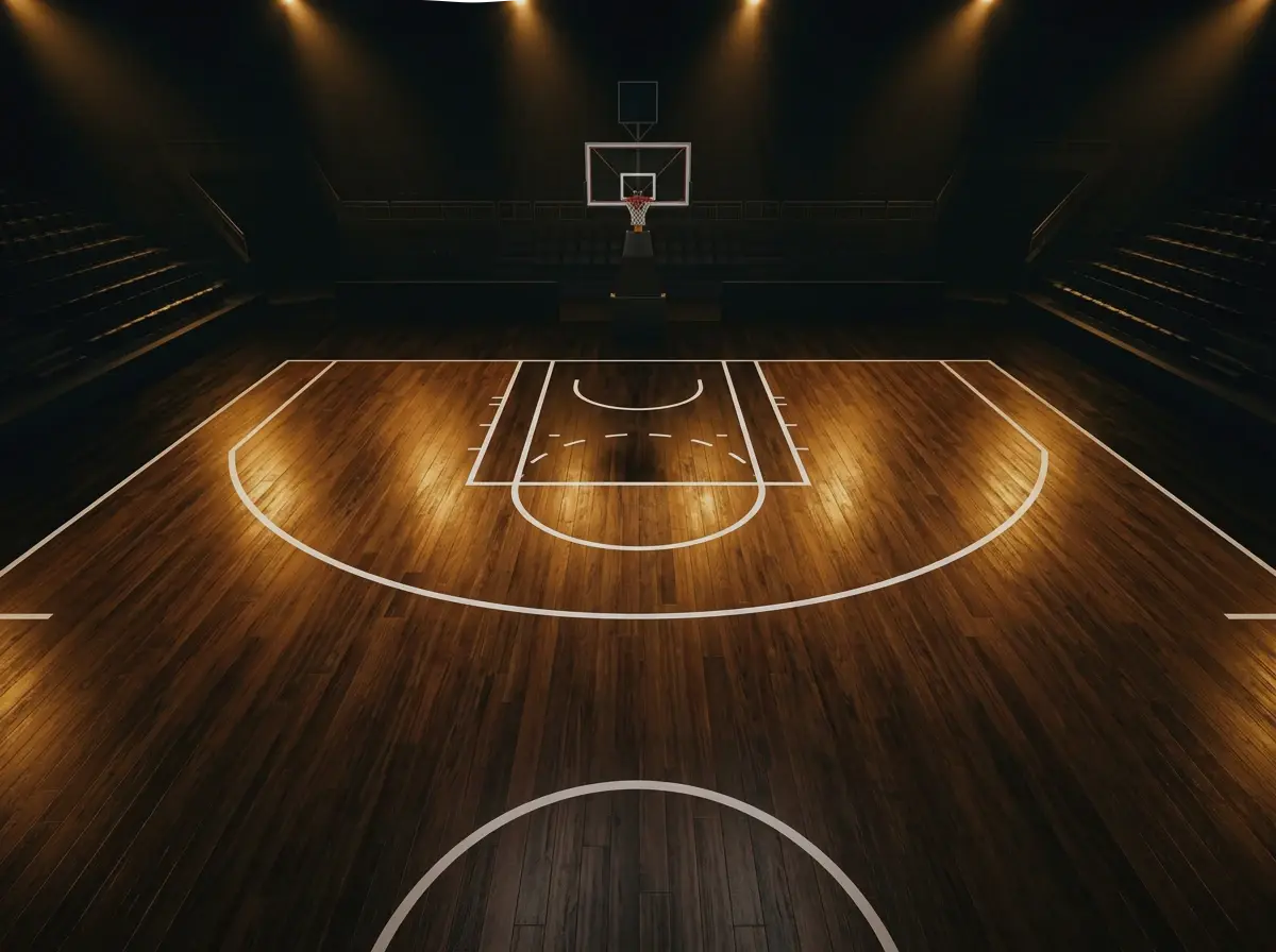 Cancha de baloncesto profesional vacía con iluminación dorada y líneas de tiro visibles