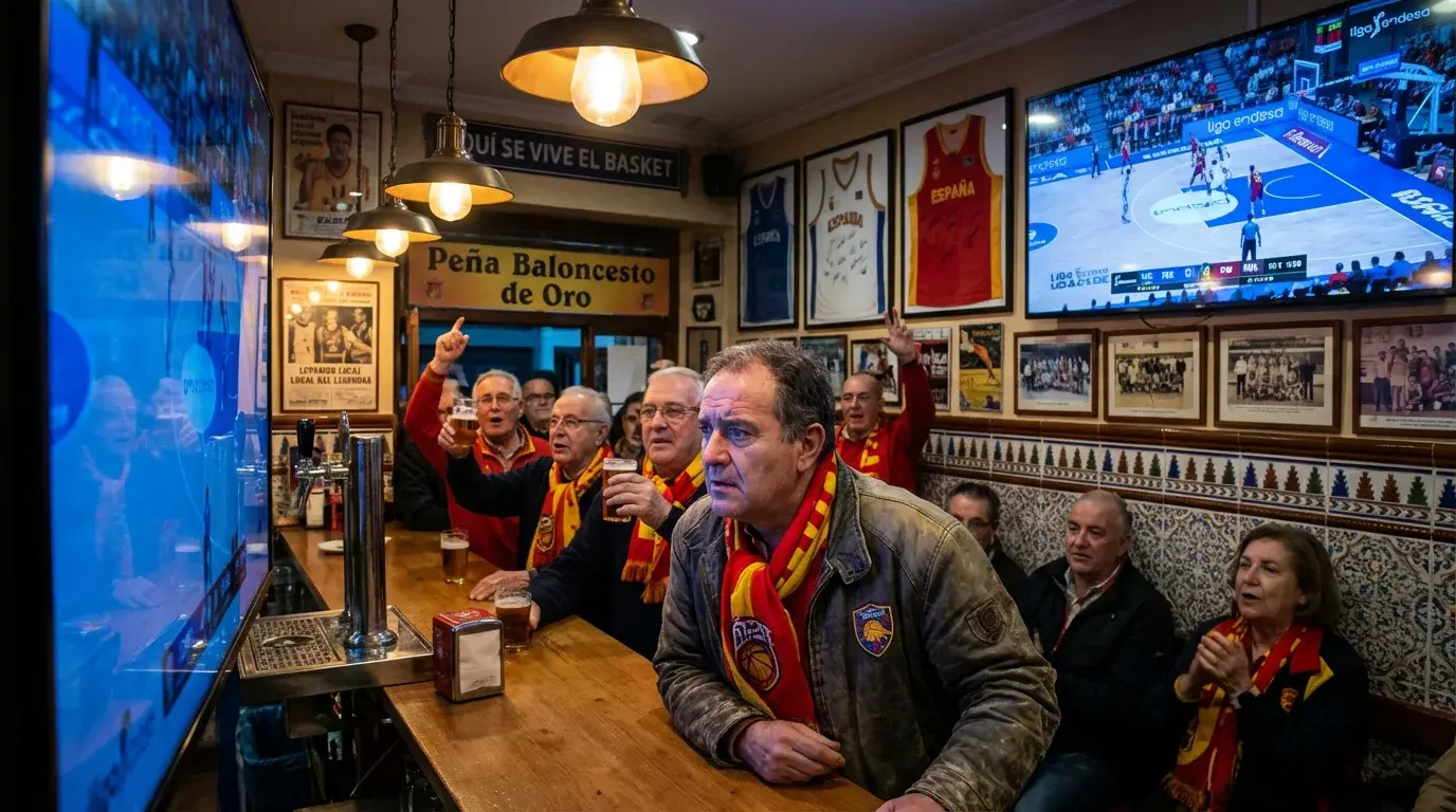 Aficionado apasionado viendo un partido ACB en un bar español tradicional decorado con memorabilia de baloncesto