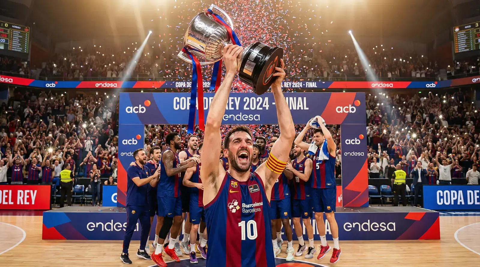 Capitán levantando el trofeo de la Copa del Rey de baloncesto mientras su equipo celebra con confeti cayendo