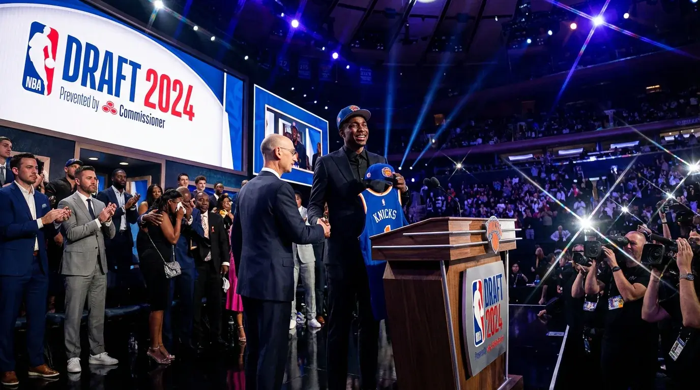 Joven jugador en el draft NBA sosteniendo la camiseta de su nuevo equipo con emoción mientras su familia celebra al fondo