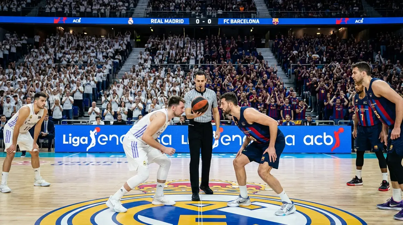 Real Madrid y Barcelona enfrentándose en el clásico del baloncesto español con aficiones divididas en el pabellón