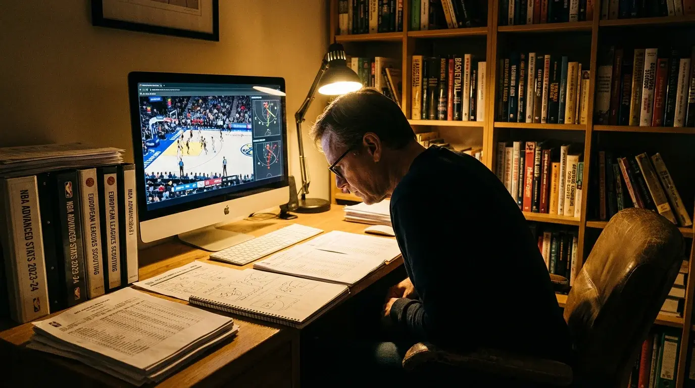 Persona estudiando intensamente material de análisis de baloncesto en múltiples pantallas rodeada de estadísticas y notas de equipos específicos