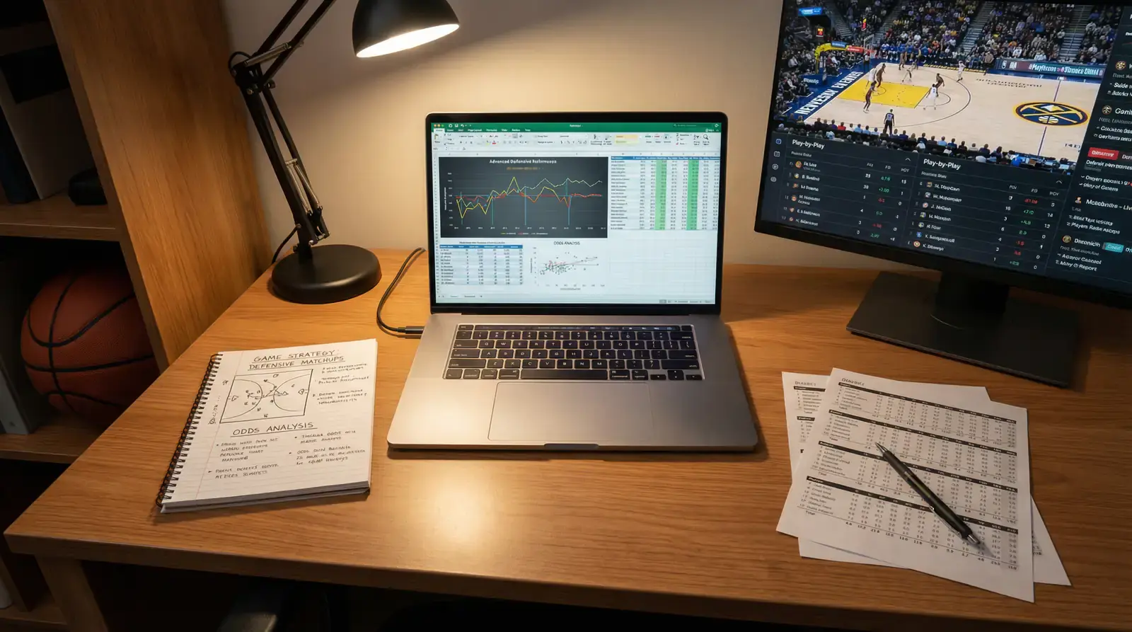 Escritorio de análisis estratégico de apuestas de baloncesto con portátil mostrando estadísticas, notas y material de investigación organizado