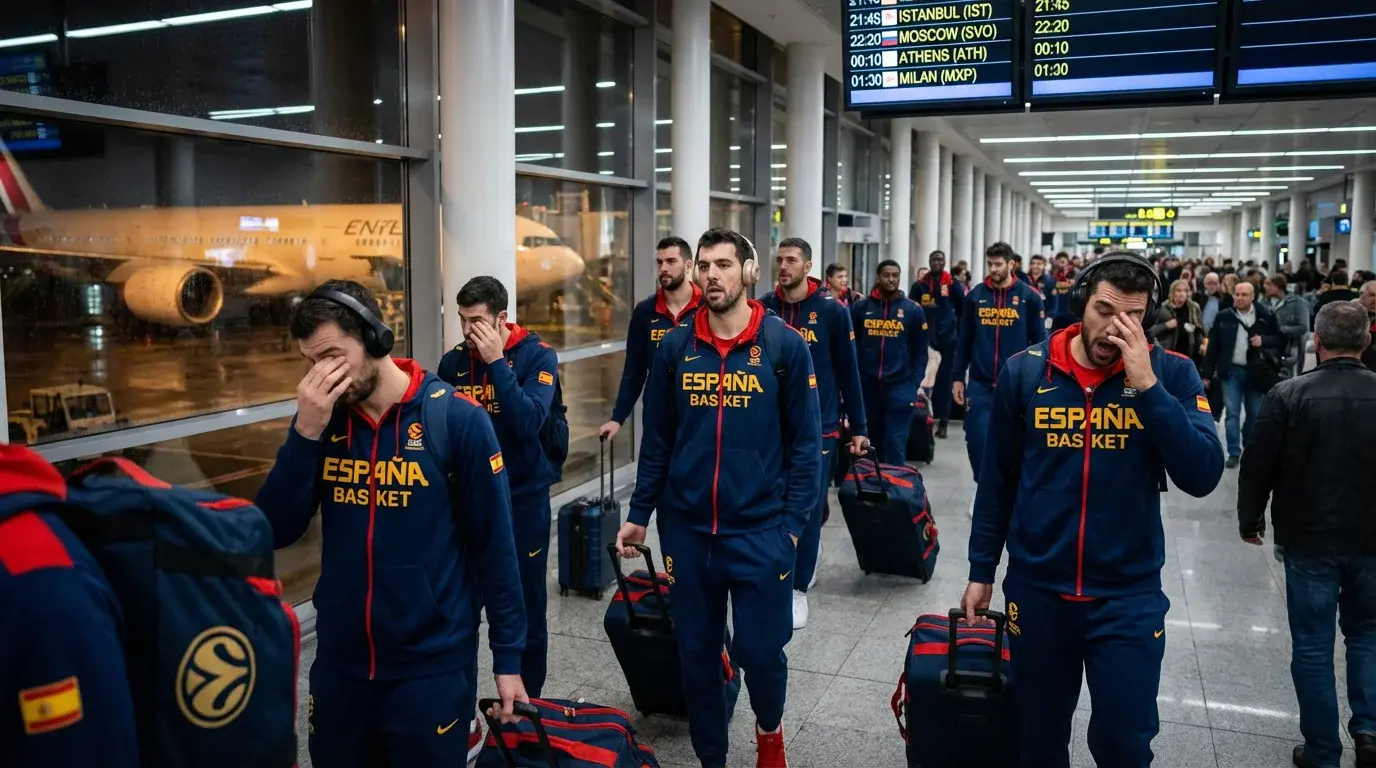 Jugadores de baloncesto español llegando a un aeropuerto para partido de Euroliga mostrando el agotador calendario de viajes europeos