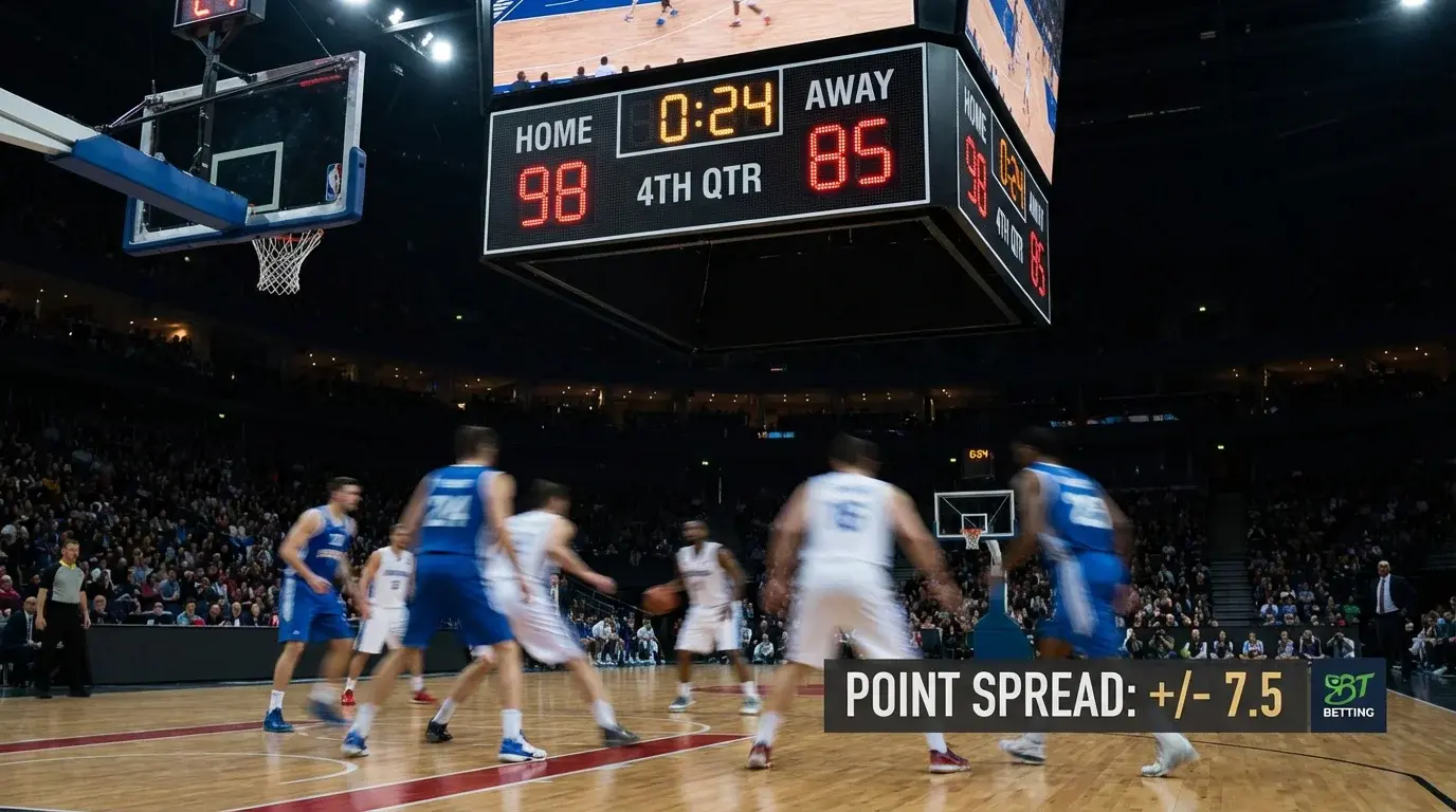Marcador electrónico de baloncesto profesional mostrando diferencia de puntos entre dos equipos durante un partido