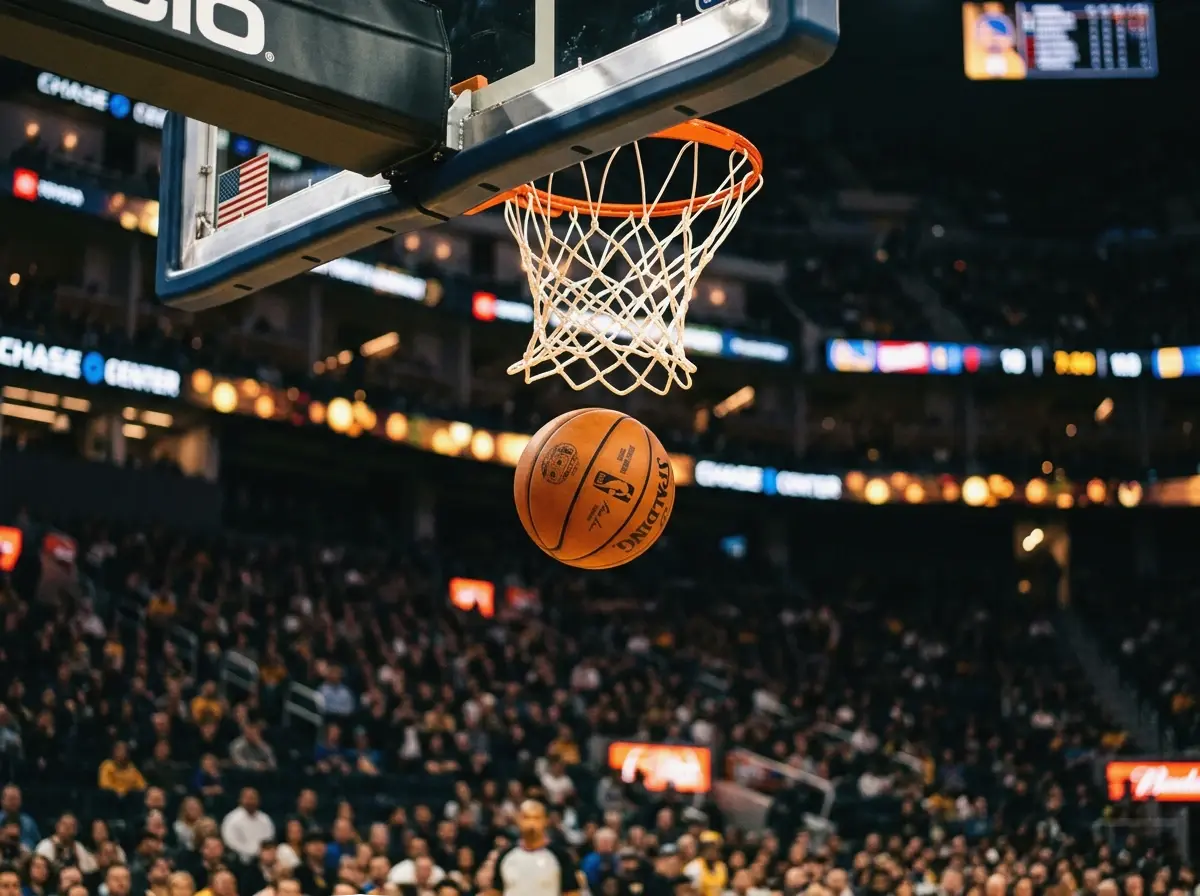 Balón de baloncesto en el aire durante un mate en un estadio profesional con iluminación dramática dorada