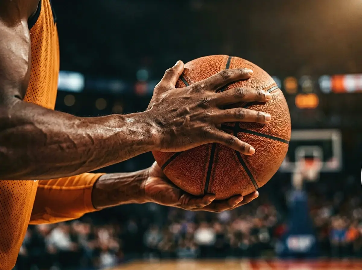 Manos de jugador profesional de baloncesto sosteniendo el balón con iluminación dramática
