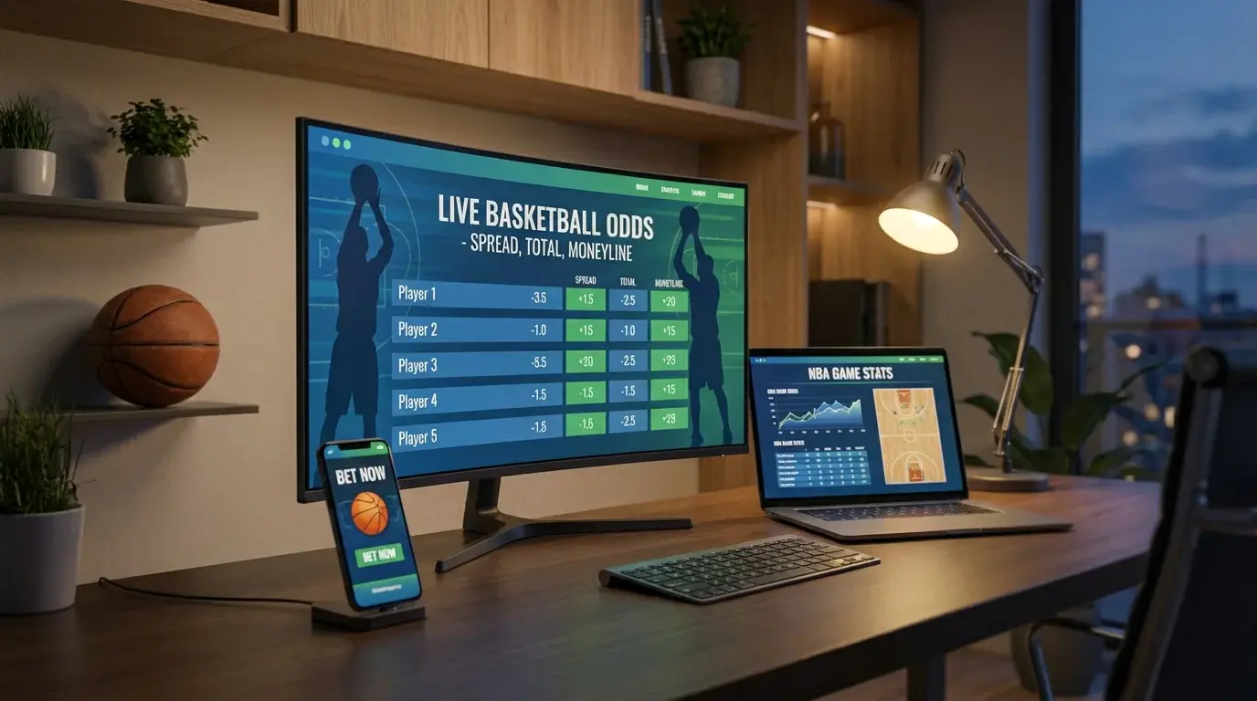 Espacio de trabajo moderno con múltiples dispositivos mostrando interfaces de apuestas de baloncesto y estadísticas en tiempo real