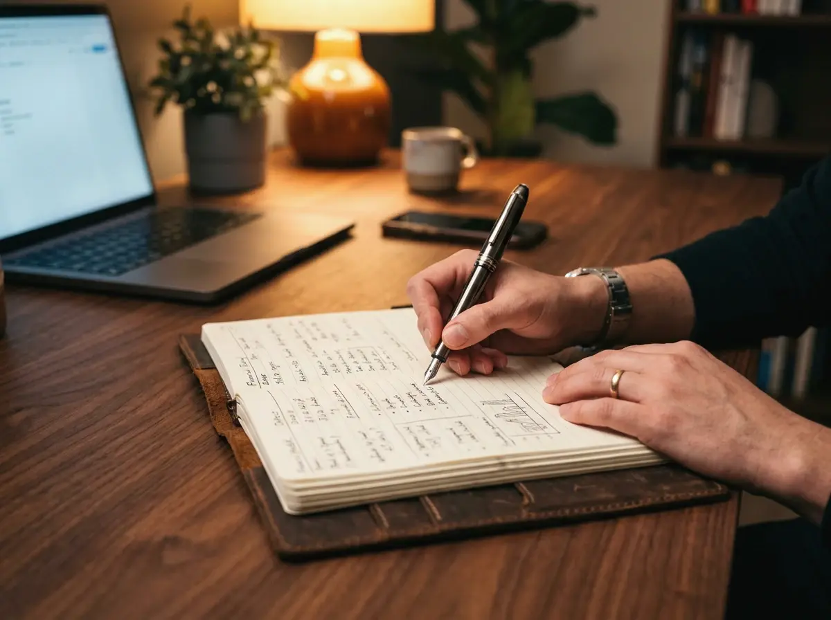 Persona planificando y registrando estrategias en cuaderno con ambiente profesional