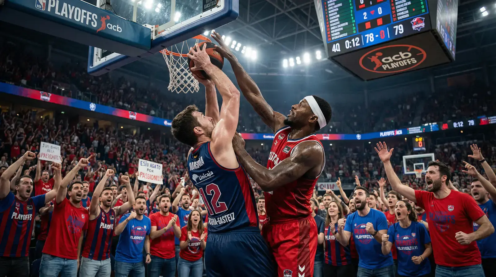 Momento defensivo intenso en playoffs ACB con jugadores luchando por el balón y aficionados de pie animando