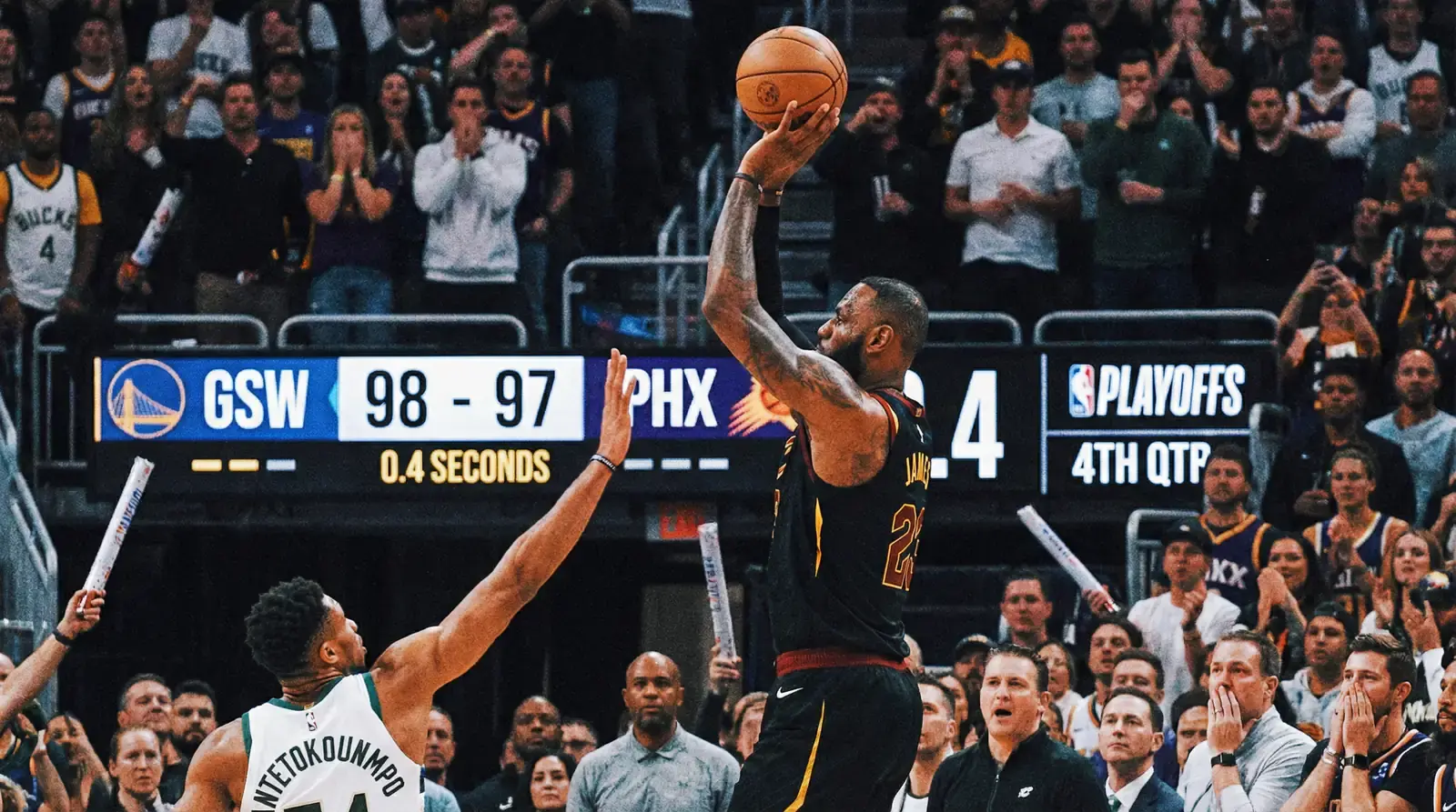 Momento decisivo de playoffs NBA con un jugador lanzando un tiro ganador en los últimos segundos mientras la afición contiene la respiración