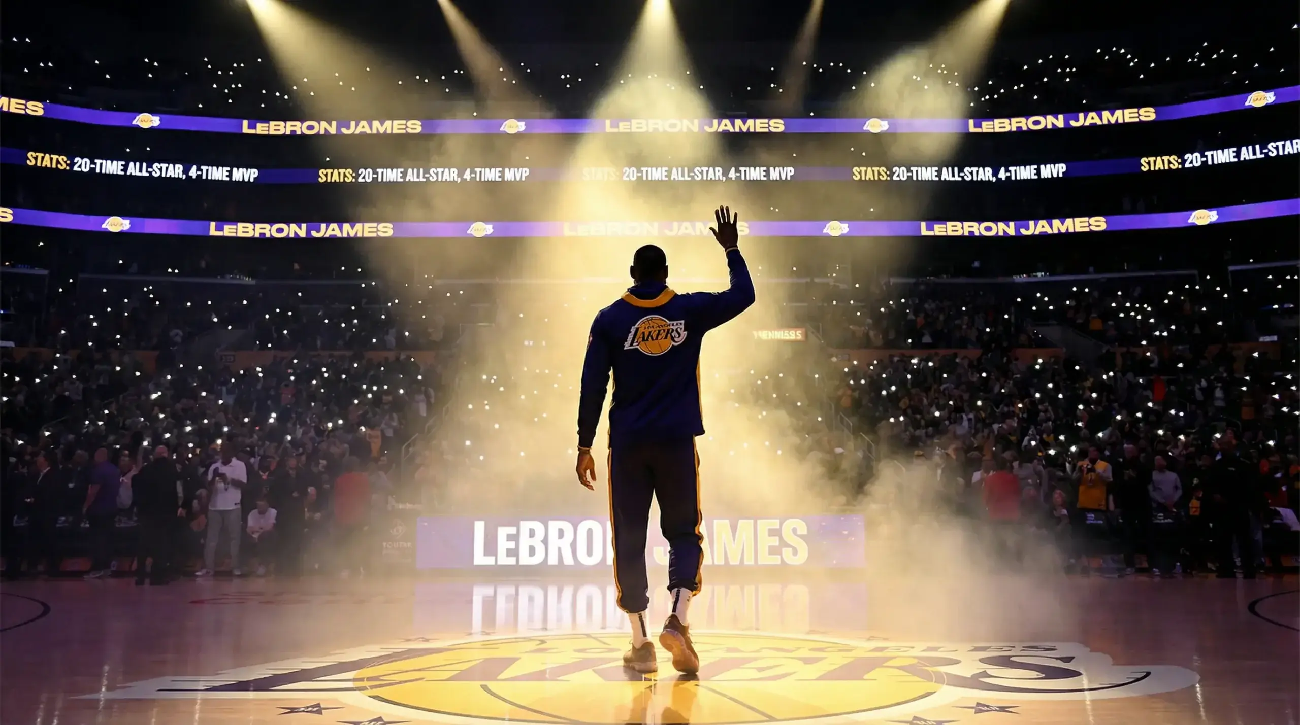 Jugador estrella NBA saliendo a la cancha durante la presentación del equipo con iluminación dramática y aficionados con móviles encendidos