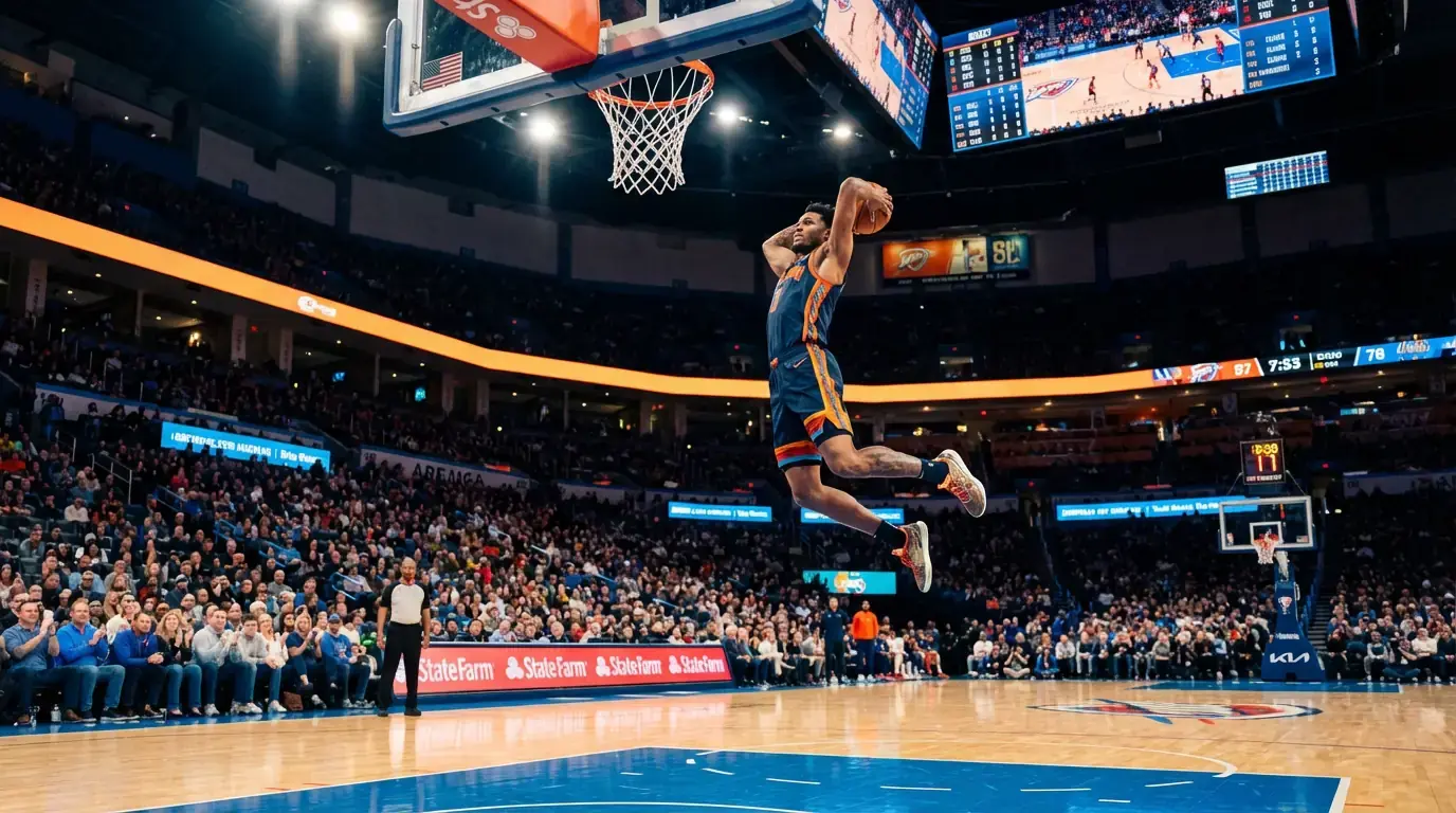 Panorámica de un partido de baloncesto profesional en una arena llena de espectadores con un jugador realizando un mate espectacular